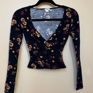 Garage Floral Long Sleeve Wrap Top - Black and Gold